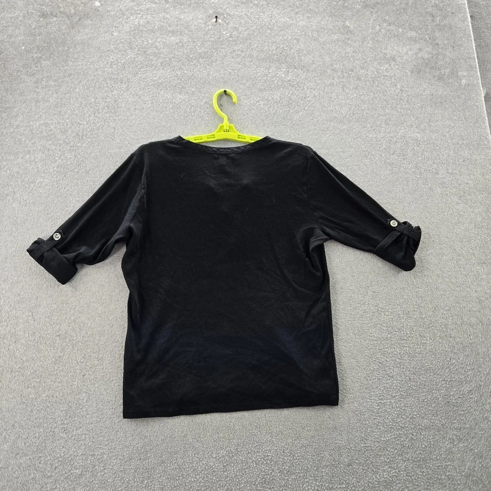 Lauren‎ Ralph Women Blouse L Black Button V-Neck Pullover